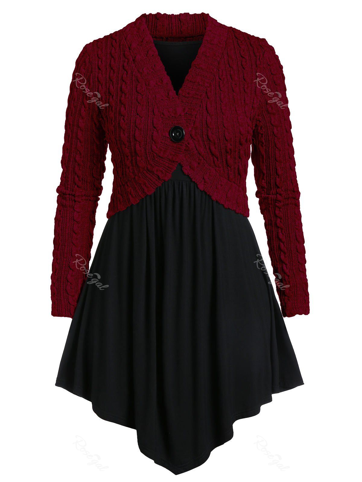 

Plus Size Tunic Long Sleeve T Shirt with Button Sweater, Blood red