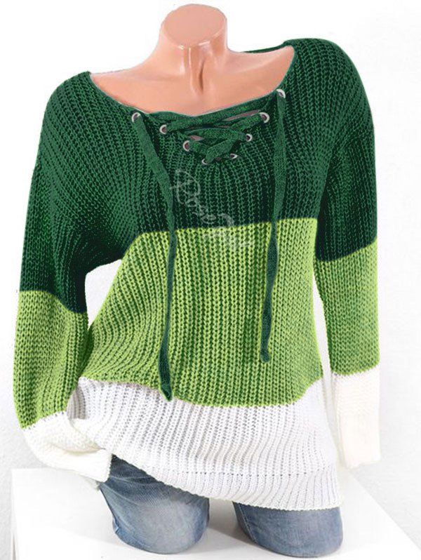 

Plus Size Lace Up Hit Color Chunky Sweater, Medium sea green