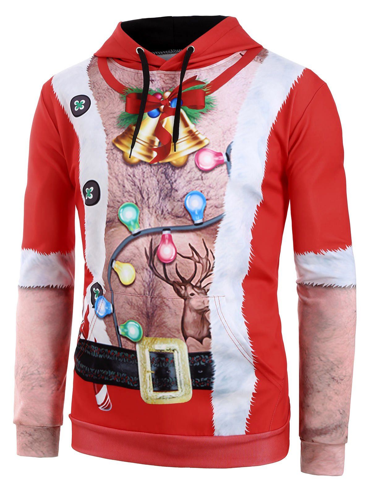 

Ugly Chest Hair Print Front Pocket Christmas Hoodie, Red