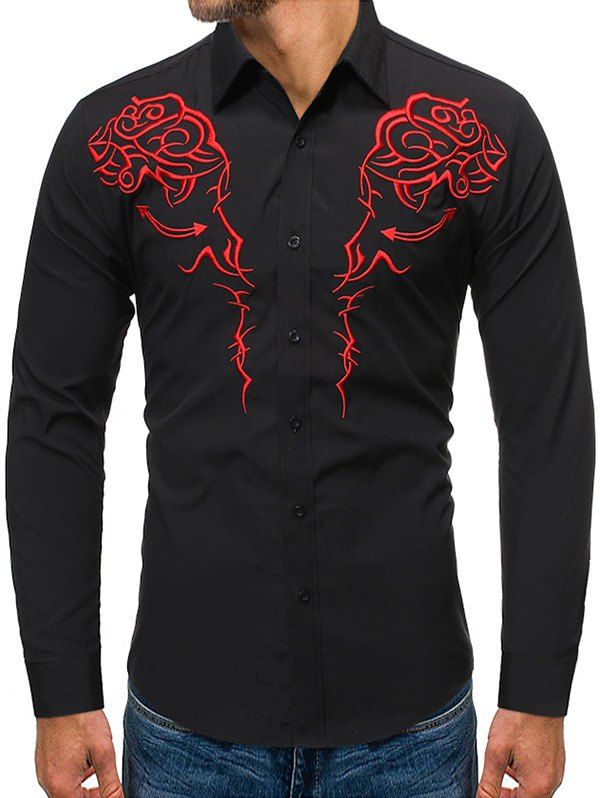 

Embroidery Design Button Up Long-sleeved Shirt, Black