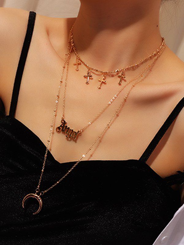 

Cross Moon Letter Layered Necklace, Gold