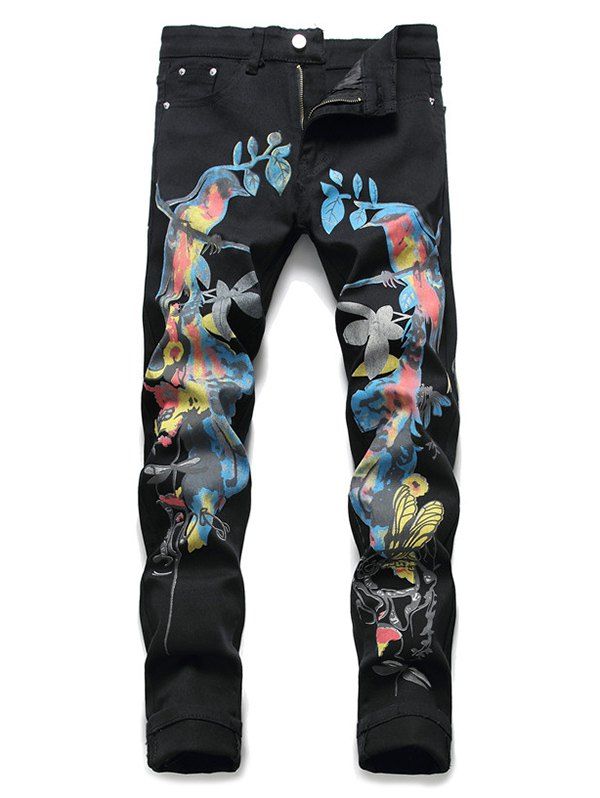 

Chinese Style Birds Print Pencil Jeans, Black