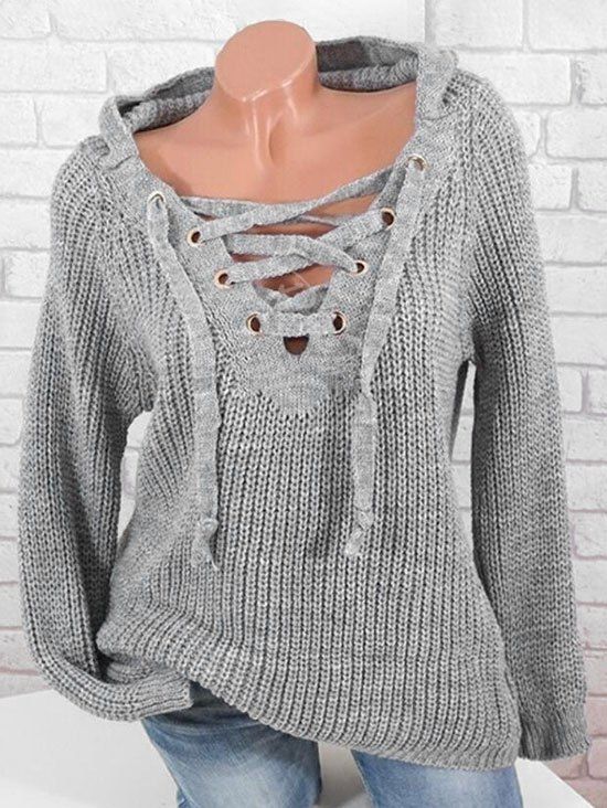 

Plus Size Raglan Sleeve Lace Up Hooded Sweater, Light gray