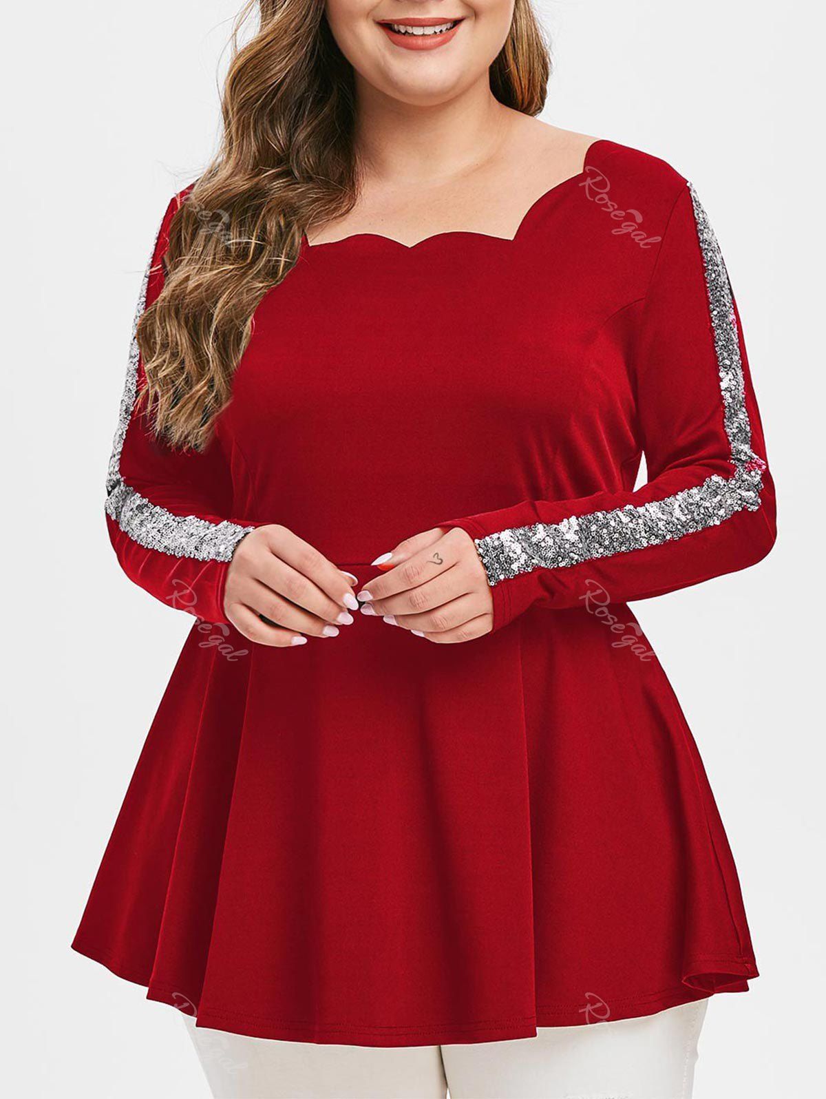 

Plus Size Sequins Scalloped Peplum T Shirt, Chestnut red