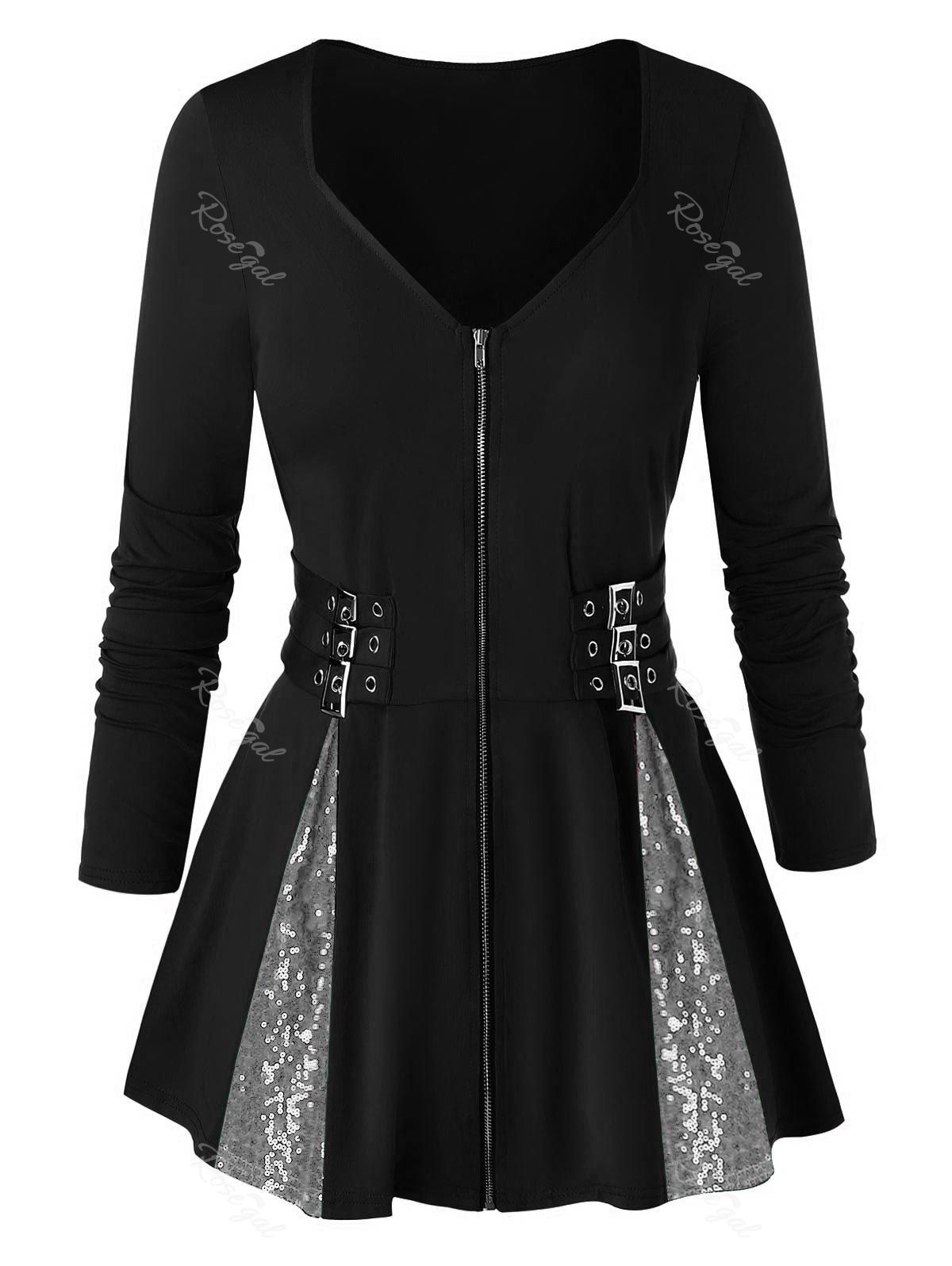 

Plus Size Sequin Full Zip Buckle Top, Black