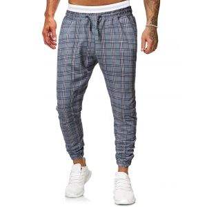 

Casual Plaid Printed Drawstring Jogger Pants, Gray