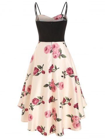 

Flower Print Lace Up Dip Hem Vintage Dress, Peach