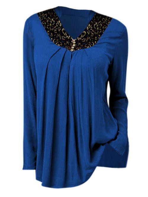 

Plus Size Lace Insert Tunic Peasant Blouse, Blue