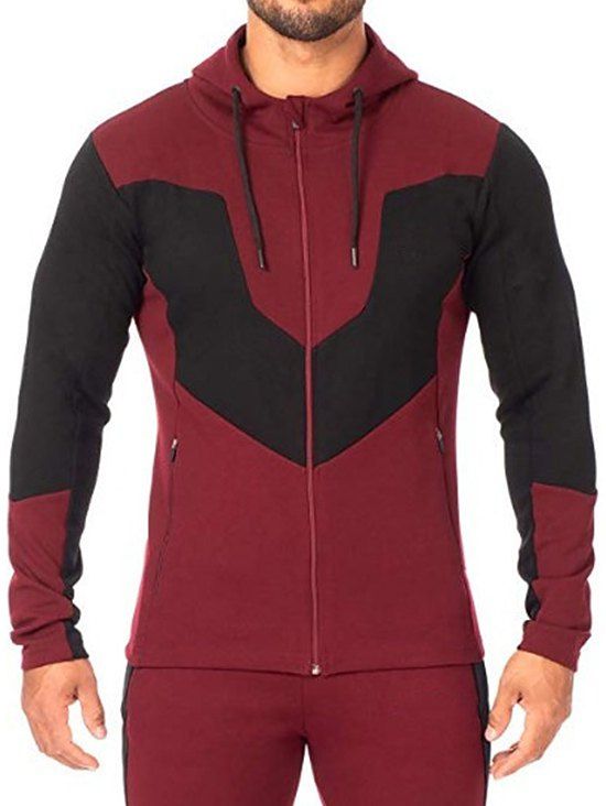 

Color Blocking Zip Up Hooded Sweatshirt, Red wine