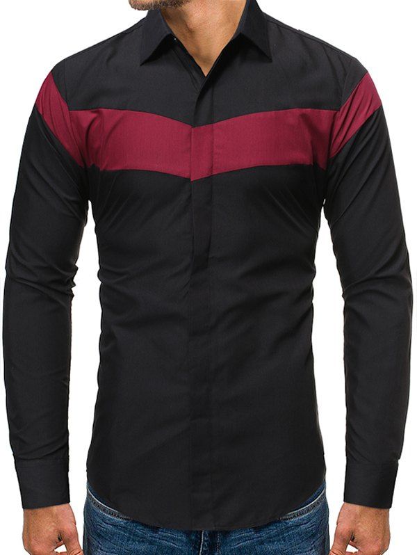 

Color Blocking Long-sleeved Button Shirt, Black