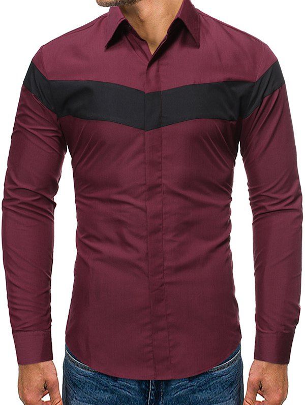 

Color Blocking Long-sleeved Button Shirt, Red wine