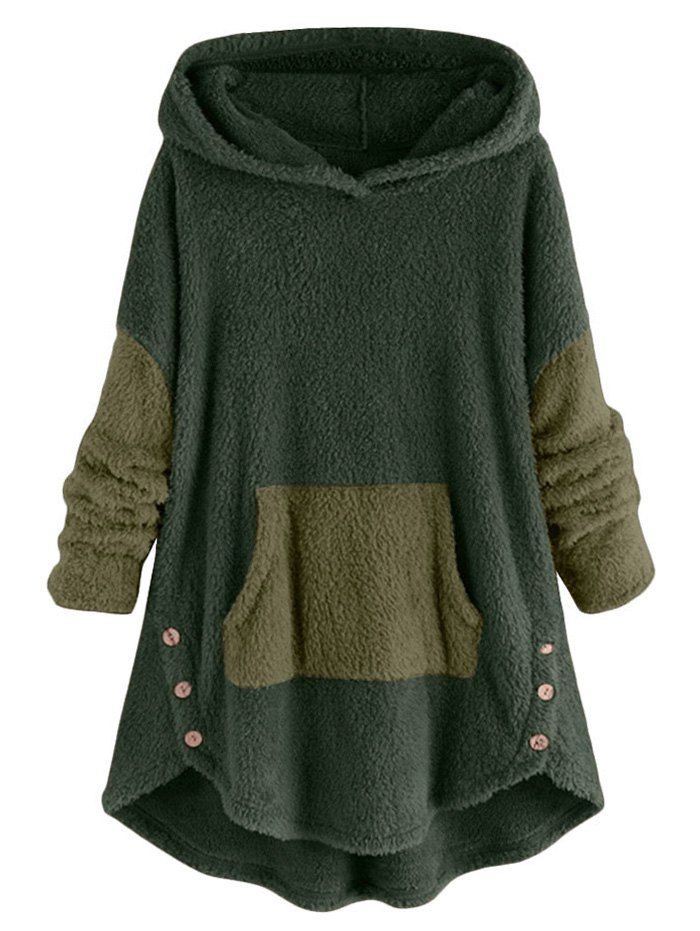 

Faux Shearling Two Tone High Low Hoodie, Sea turtle green