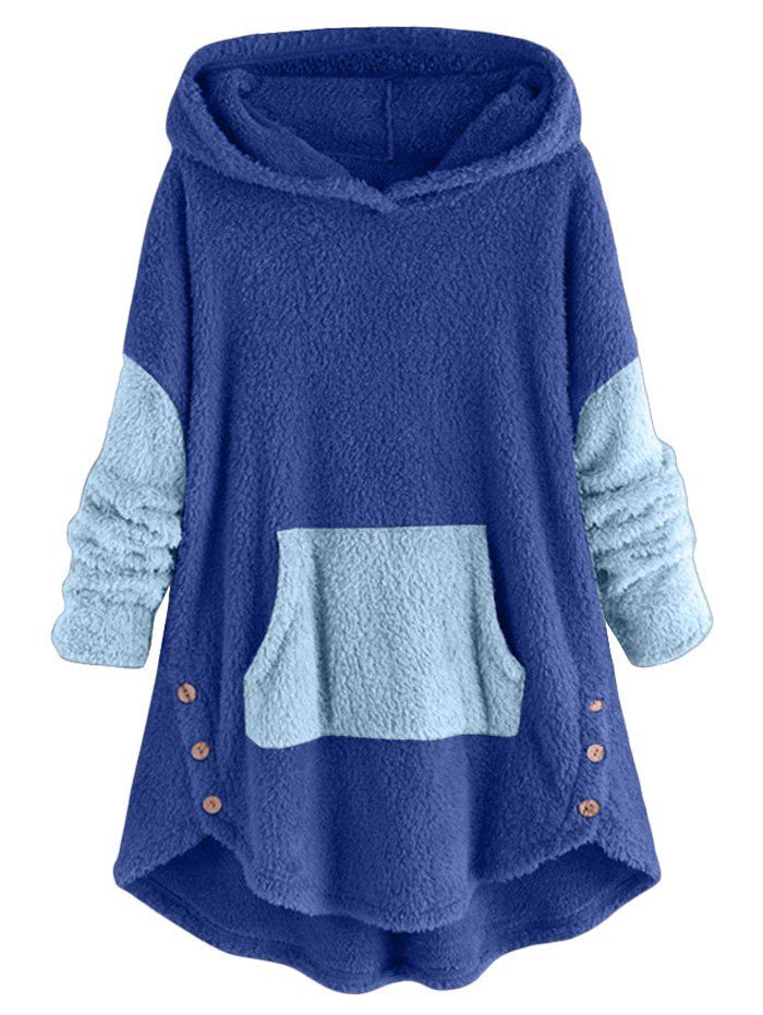 

Faux Shearling Two Tone High Low Hoodie, Silk blue