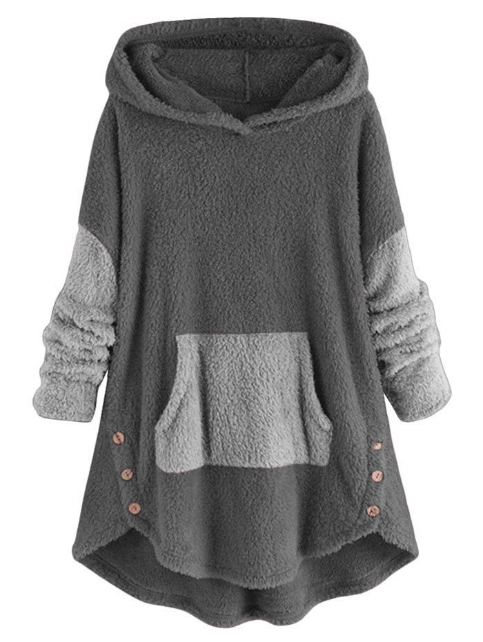 

Faux Shearling Two Tone High Low Hoodie, Gray