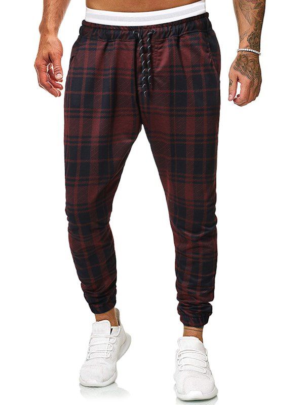

Casual Plaid Print Drawstring Jogger Pants, Red wine