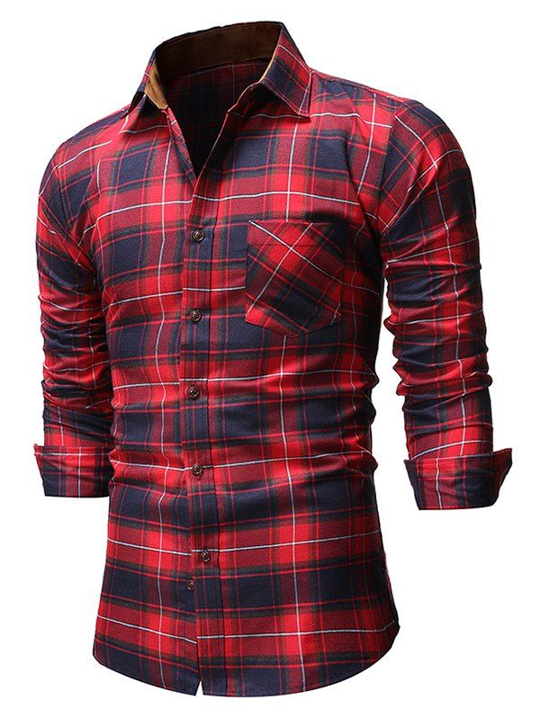 

Plaid Pattern Pocket Design Button Shirt, Red wine