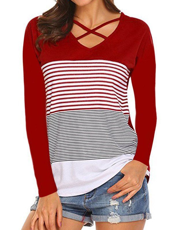 

Striped Criss Cross Curved Hem Tee, Red