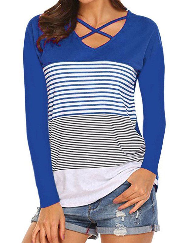 

Striped Criss Cross Curved Hem Tee, Blue