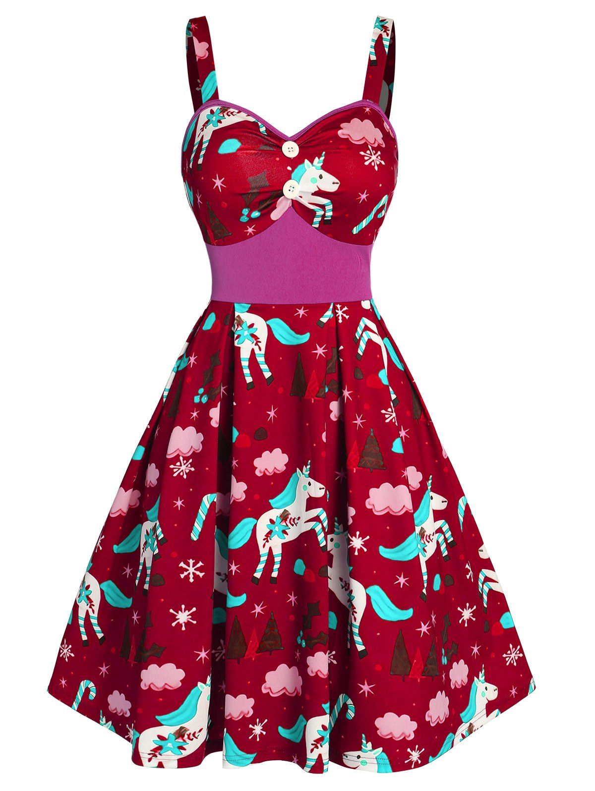 

Christmas Unicorn Print Button Cami Mini Dress, Red wine