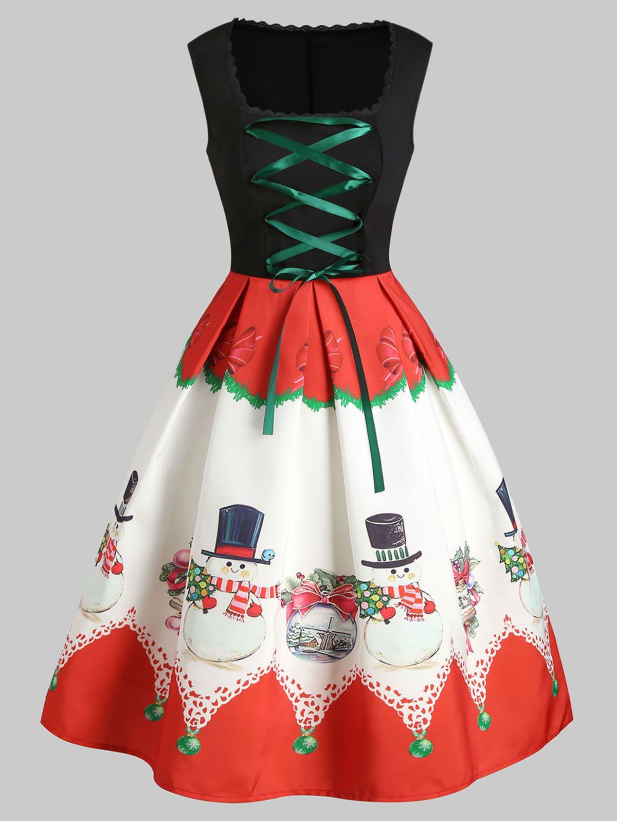 

Christmas Lace Up Snowman Print A Line Dress, Black