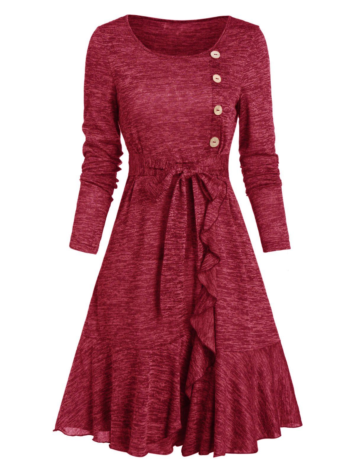 

Mock Button Belted Ruffled Hem Dress, Red wine