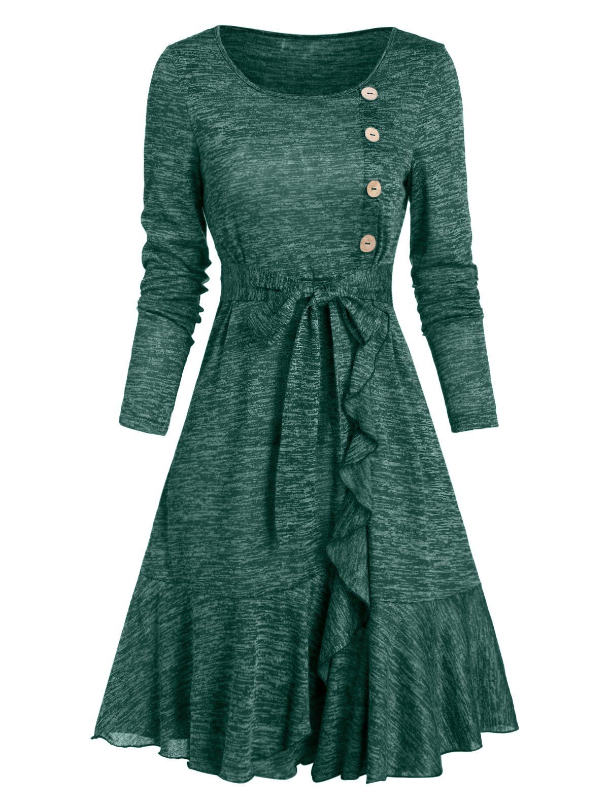 

Mock Button Belted Ruffled Hem Dress, Dark green