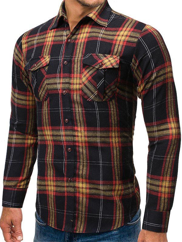 

Plaid Pattern Double Pocket Long-sleeved Shirt, Coffee