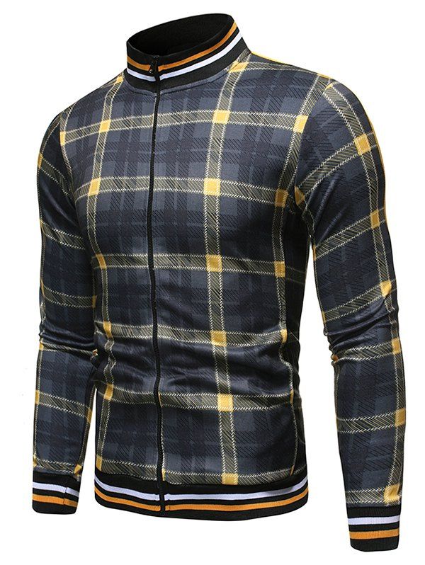 

Plaid Print Zipper Up Casual Jacket, Yellow