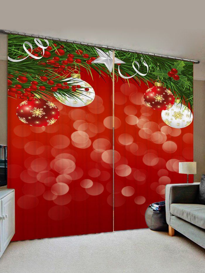 

2 Panels Christmas Tree Branch Balls Print Window Curtains, Lava red