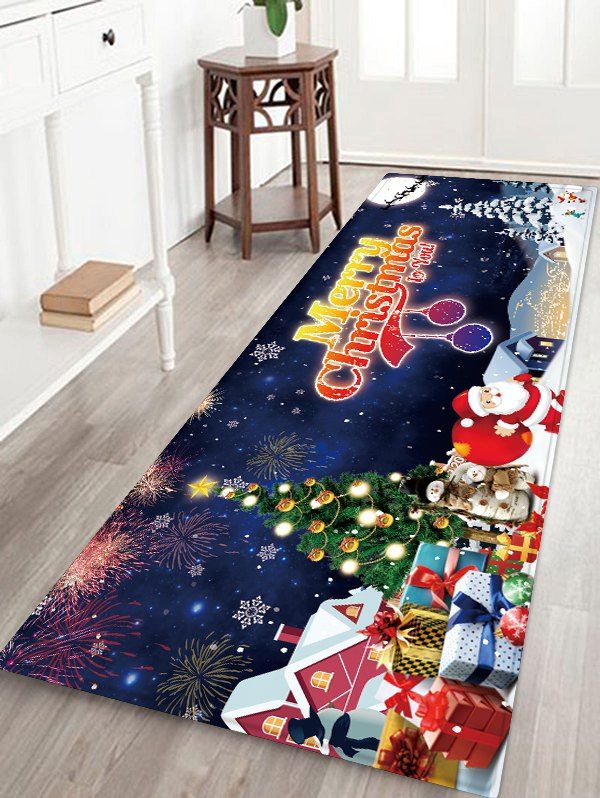 

Merry Christmas Tree Santa Claus Floor Rug, Marble blue