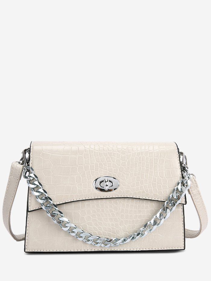 

Chain Solid Hasp Animal Skin Shoulder Bag, White