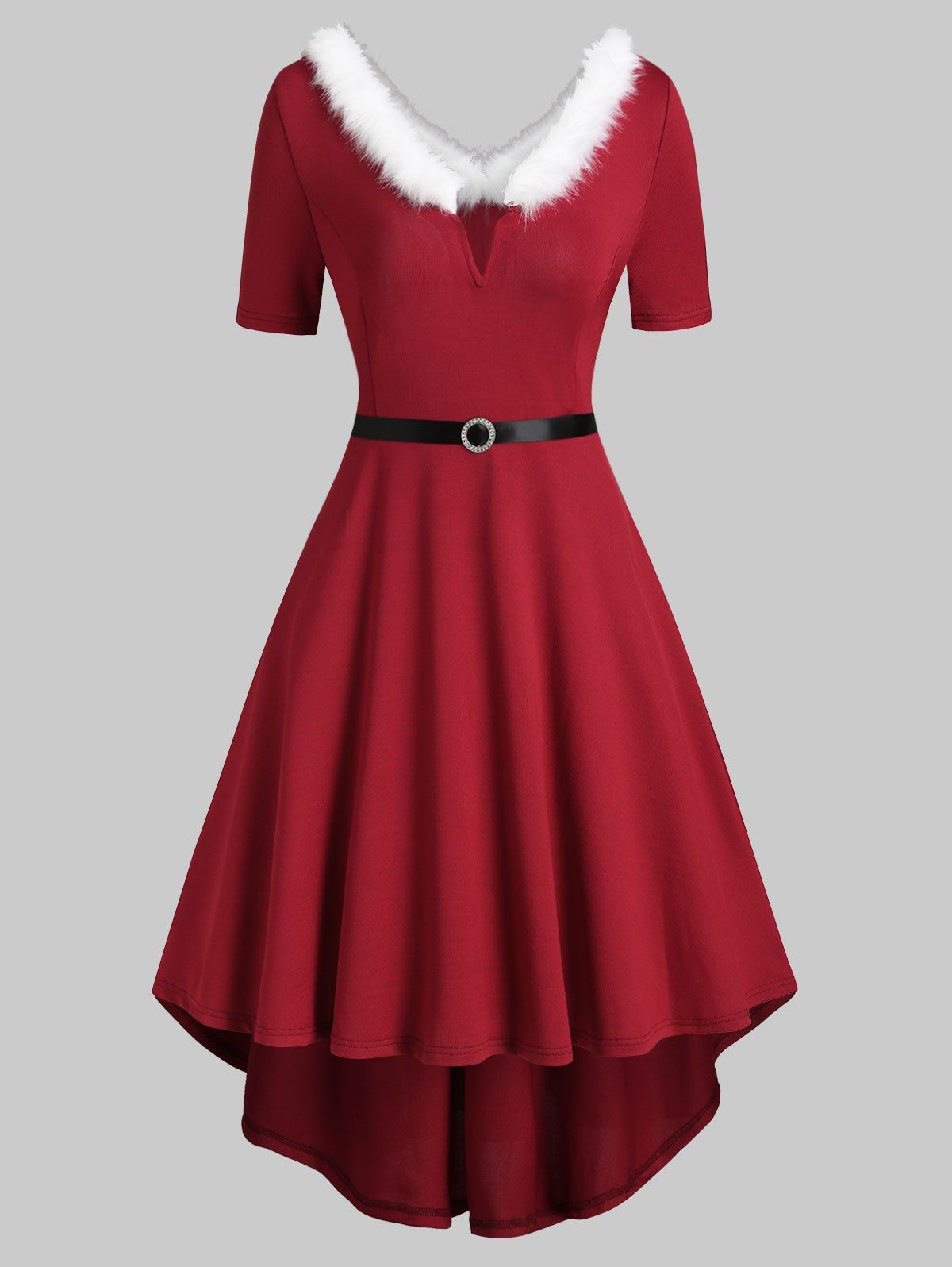 

Faux Fur Trim V-wired Knit High Low Dress, Red
