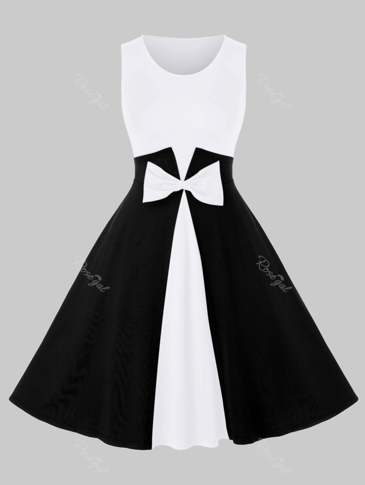 

Plus Size Vintage Bowknot Colorblock Swing Dress, White