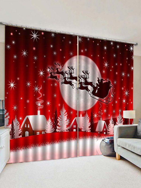 

2 Panels Christmas Sleigh Moon Village Print Window Curtains, Multi