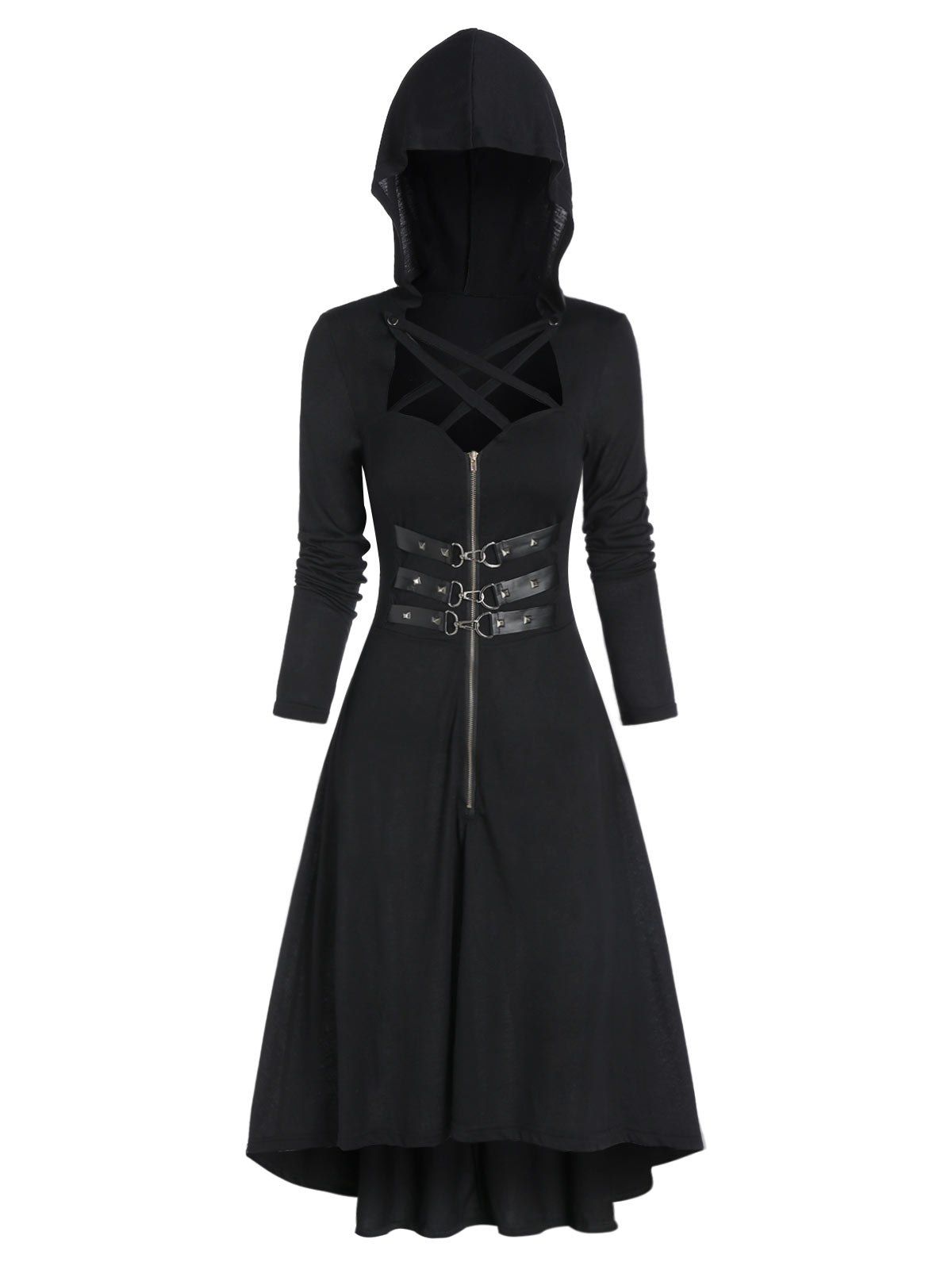 

Hooded Strappy Lobster Buckle Strap High Low Gothic Dress, Black