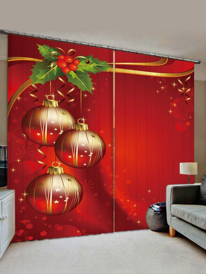 

2 Panels Christmas Balls Berry Print Window Curtains, Lava red