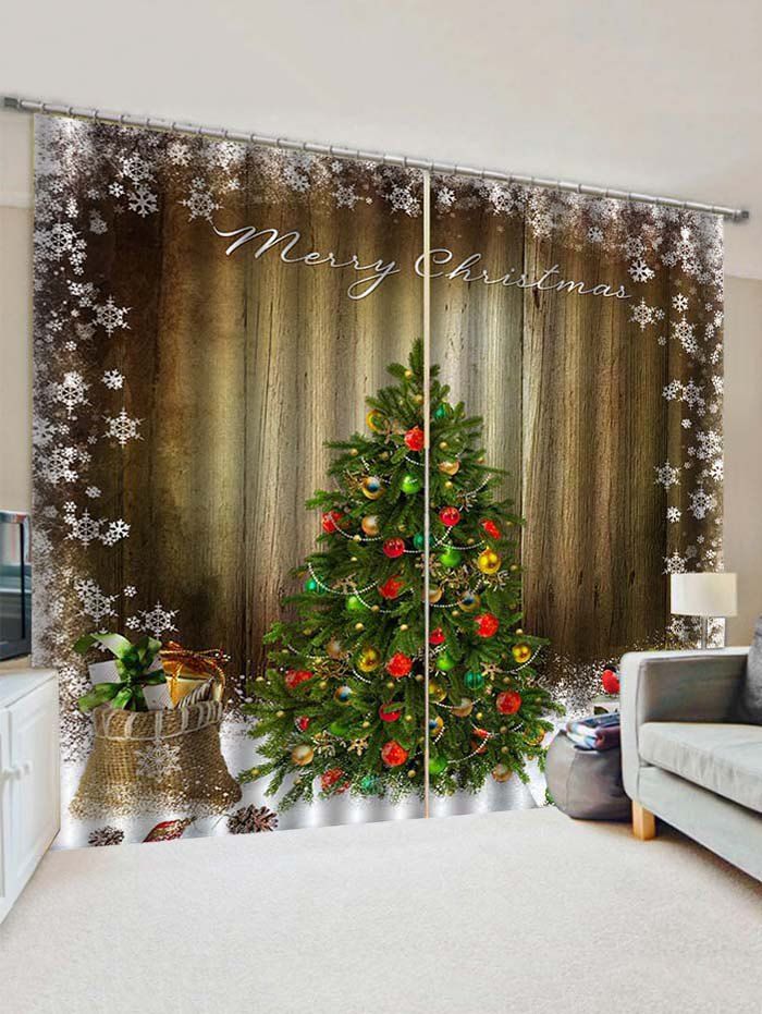 

2 Panels Christmas Tree Snowflake Wood Grain Print Window Curtains, Multi