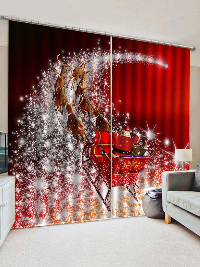 

2 Panels Christmas Elk Sleigh Stars Print Window Curtains, Multi