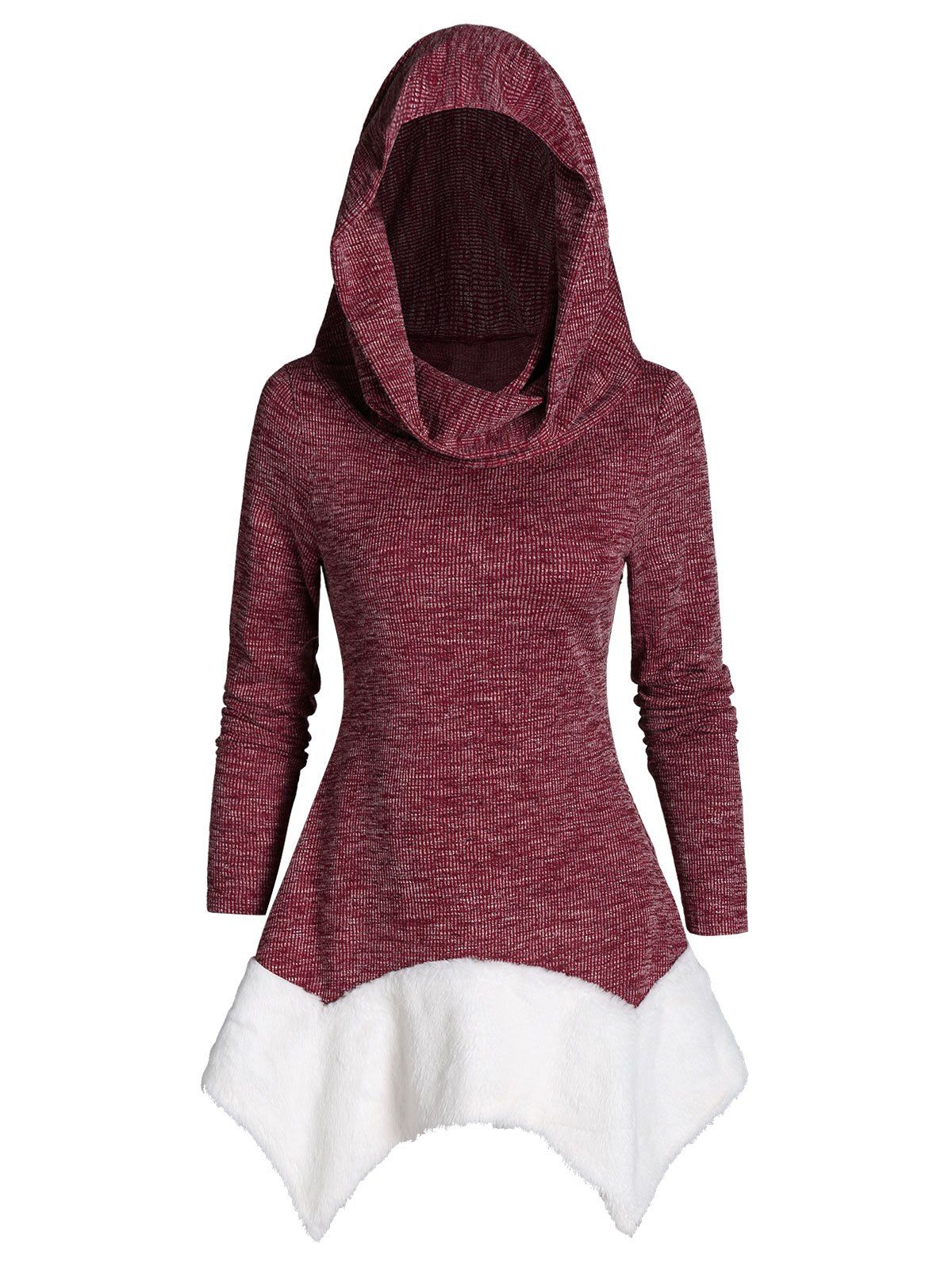 

Hooded Heathered Faux Fur Hanky Hem Ribbed Sweater, Red wine