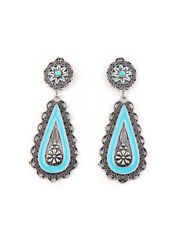 

Carved Hollow Turquoise Flowers Teardrop Earrings, Silver