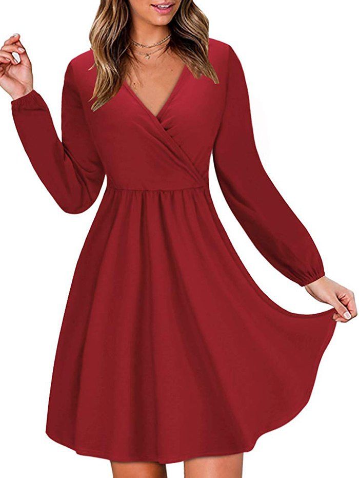 

Long Sleeve V Neck Surplice Dress, Red