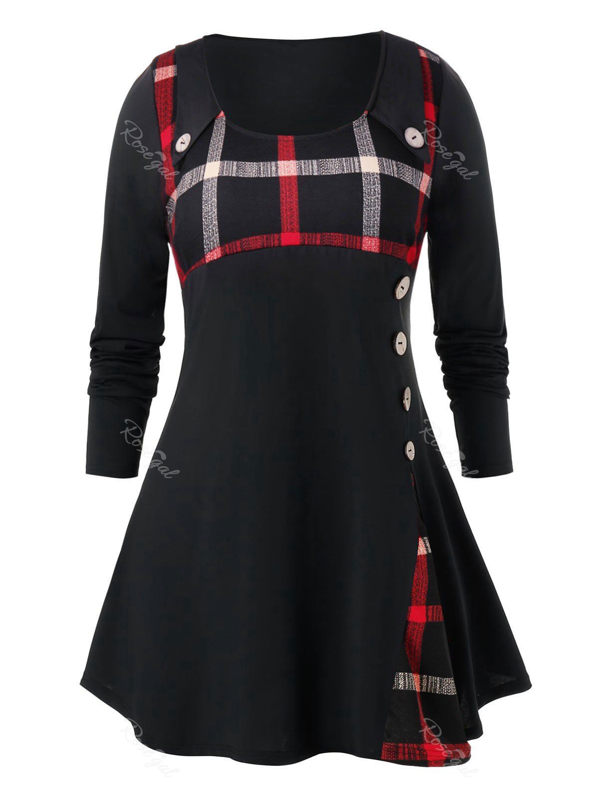 

Plus Size Button Down Plaid Long Shirt, Jet black