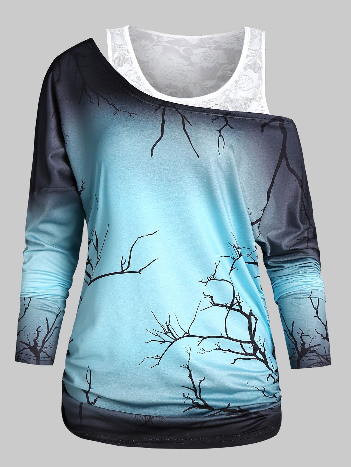 

Lace Panel Tree Print Cold Shoulder T Shirt, Black