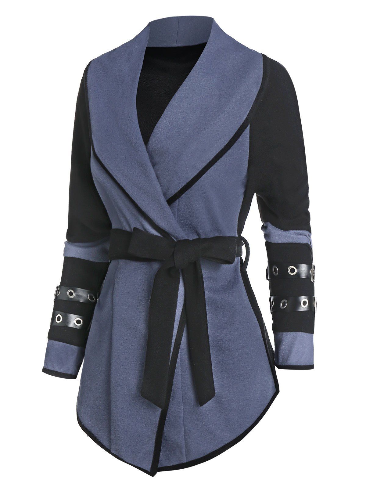 

Asymmetric Buckle Strap Contrast Wool Blend Belted Coat, Black