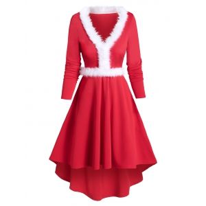 

V Neck Faux Fur Trim High Low Dress, Red