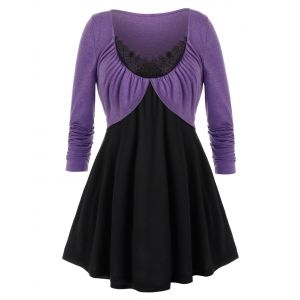 

Plus Size Guipure Lace Two Tone Tunic Contrast Tee, Black