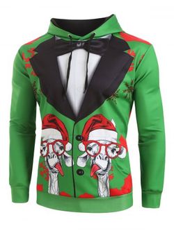 Christmas Animal Graphic Faux Tuxedo Drawstring Hoodie - GREEN - L