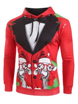 Christmas Animal Graphic Faux Tuxedo Drawstring Hoodie - RED - M