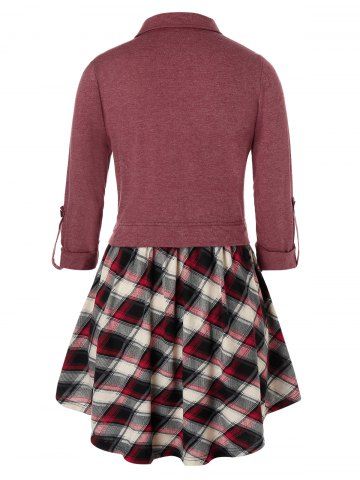 

Plus Size Plaid Roll Tab Sleeve Button Front Tunic Blouse, Red wine