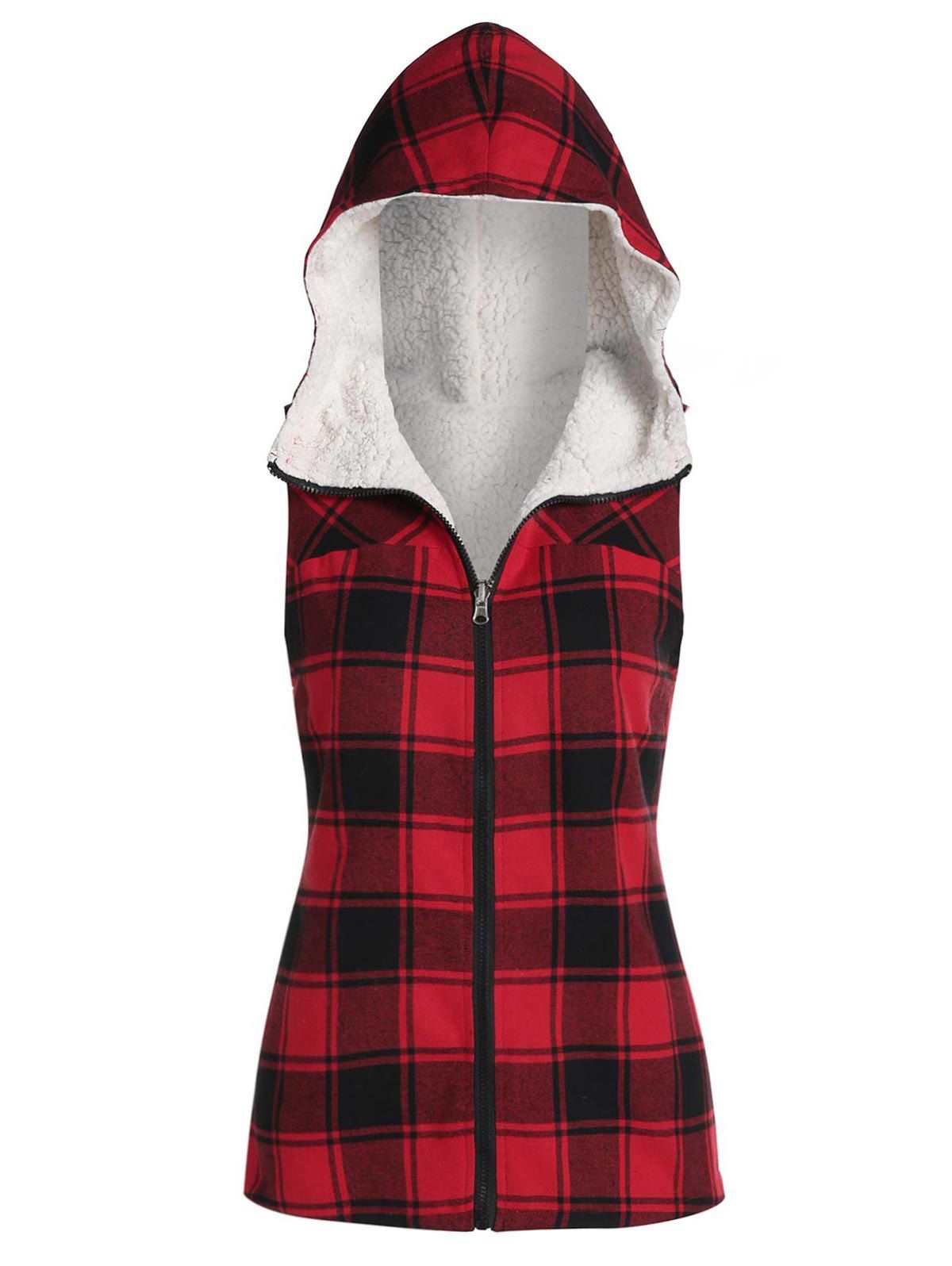 

Hooded Plaid Print Fuax Shearling Zip Up Vest, Lava red